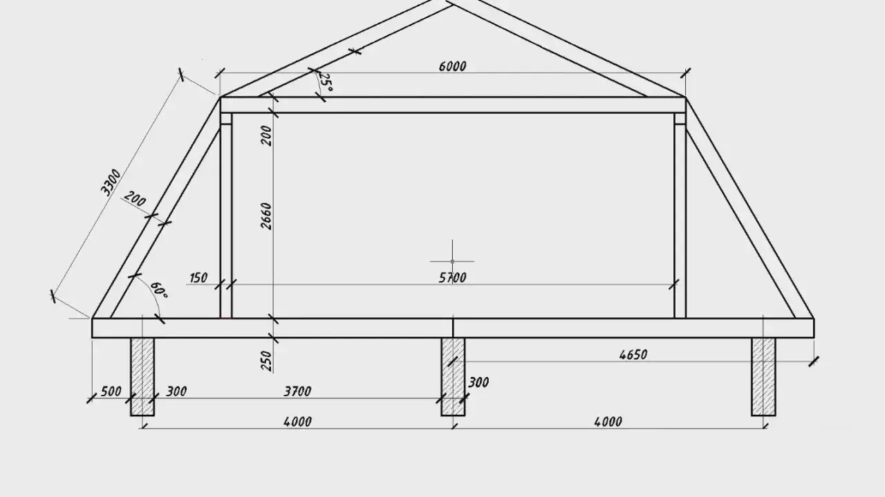 Projekt dachu mansardowego z wymiarami: wysokość 3300 mm, kąt nachylenia 60°, szerokość 6000 mm.