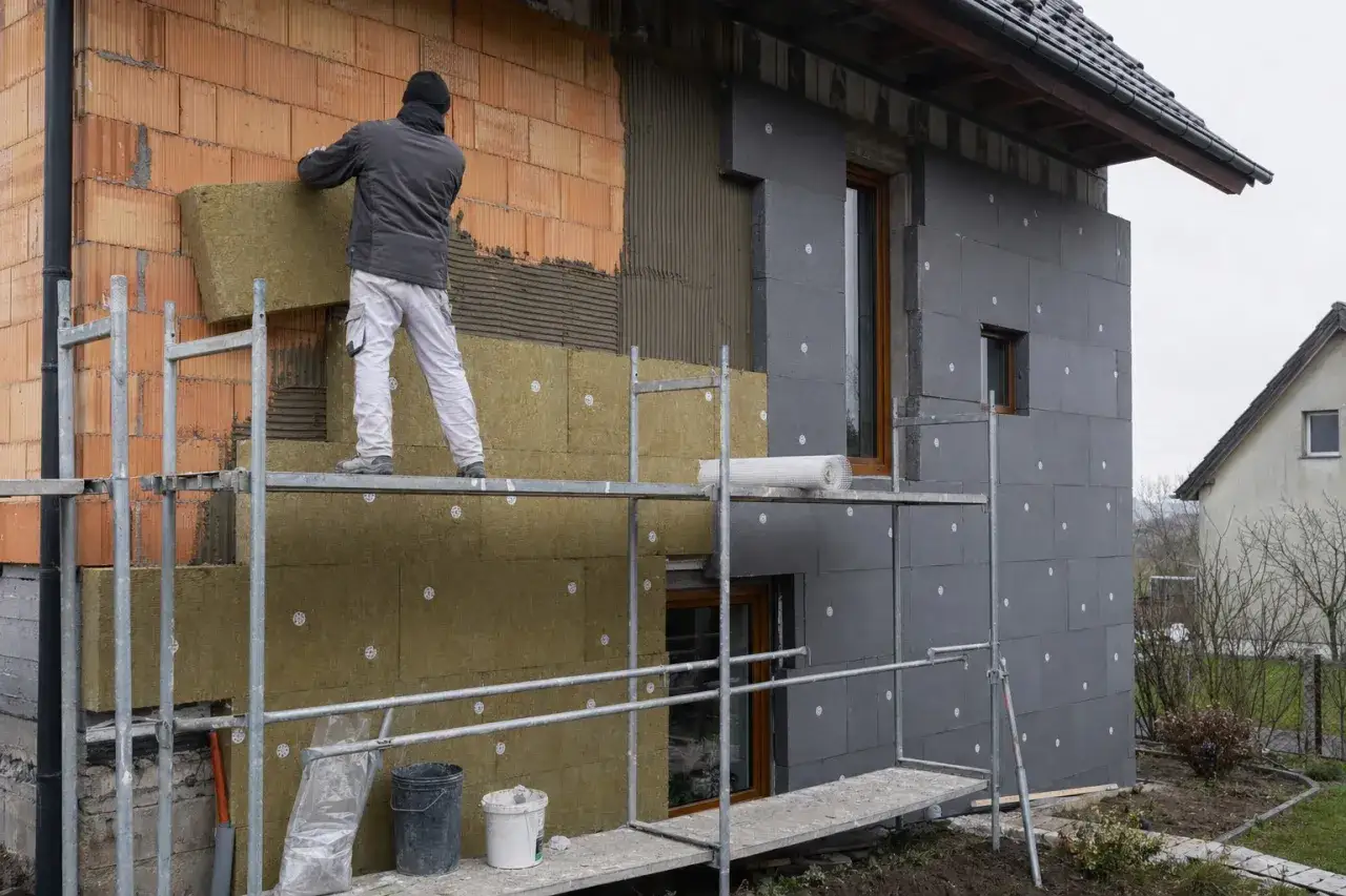 Budowlaniec montuje płyty izolacyjne na ścianie domu. Trwa praca nad poprawą izolacji cieplnej budynku.