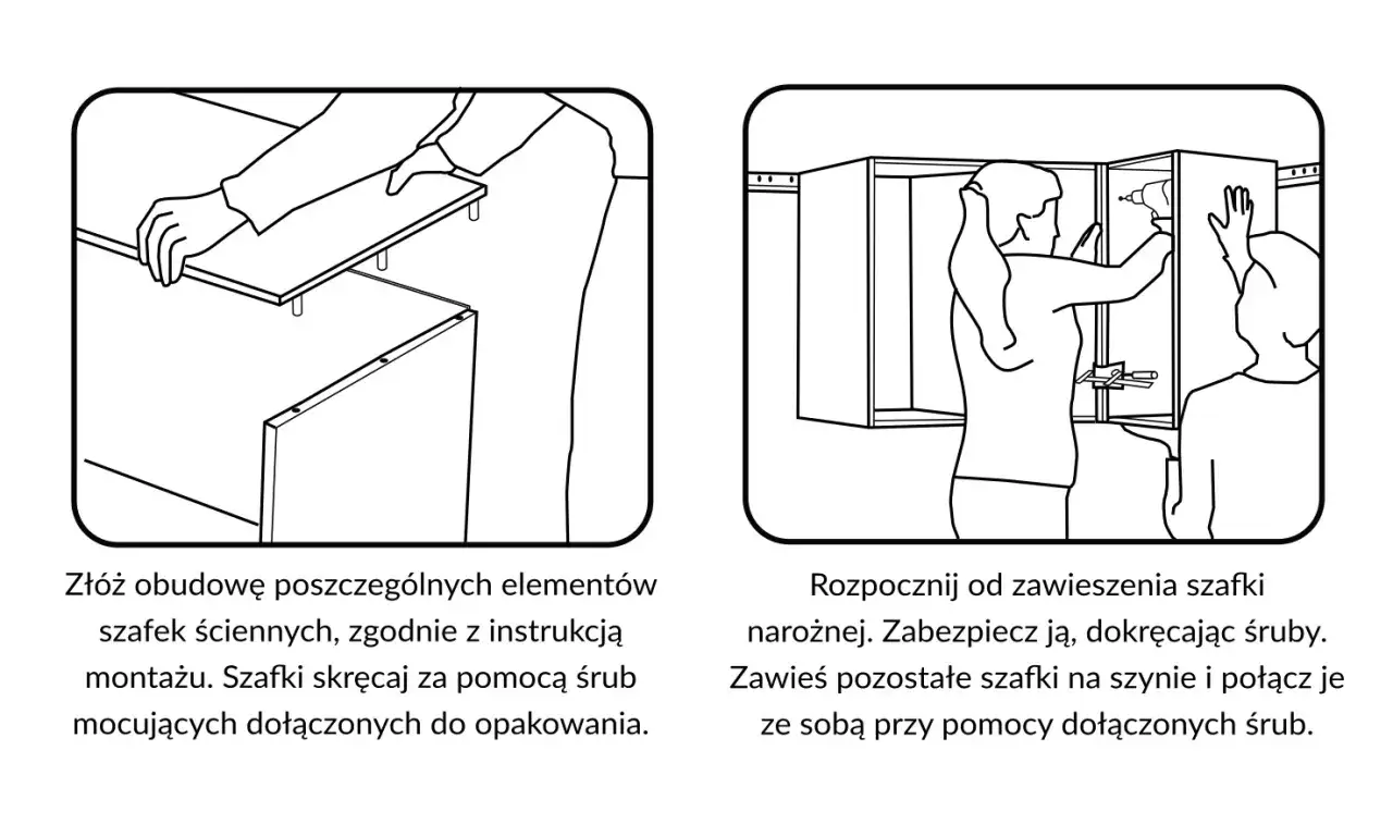 Instrukcja montażu szafek kuchennych: składanie elementów, skręcanie szafek śrubami mocującymi i zawieszanie ich na ścianie.