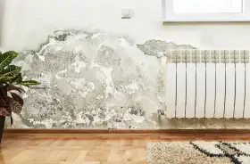 Grzyb na ścianie poczatek. Wilgoć niszczy tynk obok białego grzejnika i gniazdka elektrycznego.