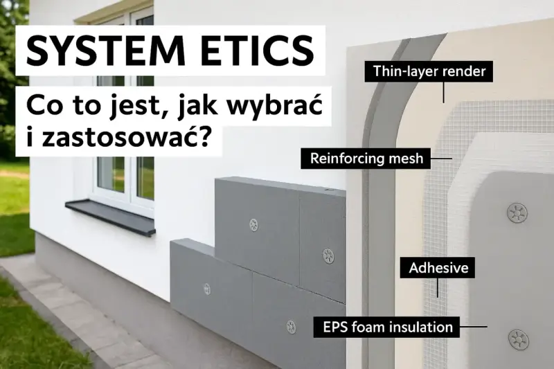 System ETICS: warstwy izolacji cieplnej budynku, od styropianu po tynk.
