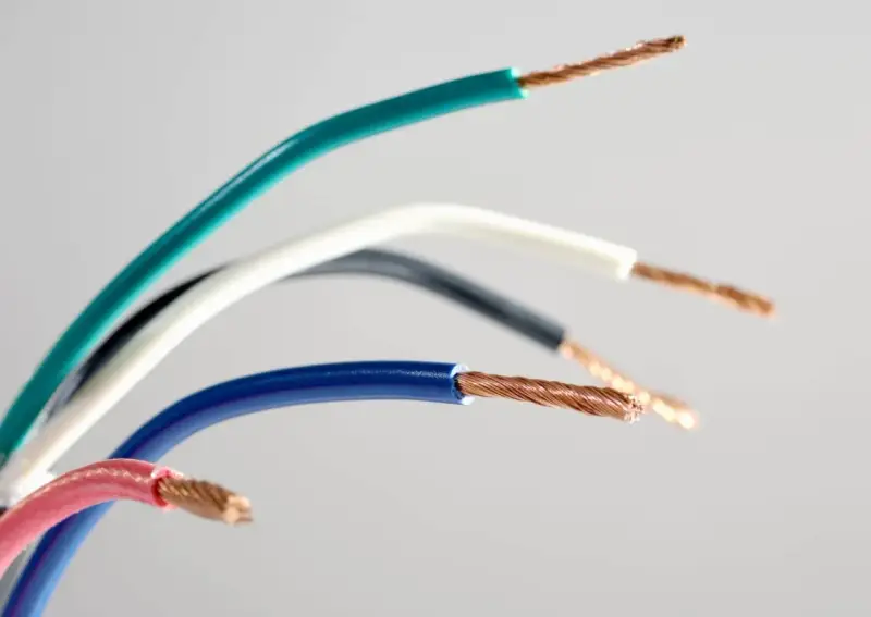 Kilka kolorowych przewodów elektrycznych, w tym niebieski, zielony, biały, czarny i różowy, z odsłoniętymi miedzianymi żyłami.