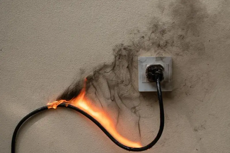 Płonący kabel podłączony do gniazdka, dym unosi się po ścianie. Zastanawiasz się, ile gniazdek na jednym obwodzie to bezpieczna liczba?