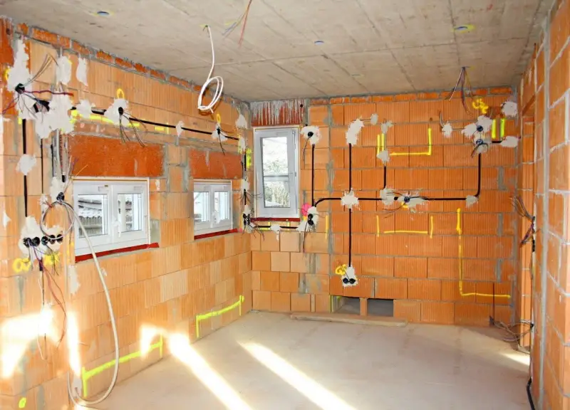 Rozpoczyna się instalacja elektryczna w domu. Widoczne przewody, puszki i oznaczenia na ceglanych ścianach.